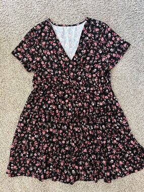 No Boundaries Black Floral Scoop Neck Top with Pink Roses